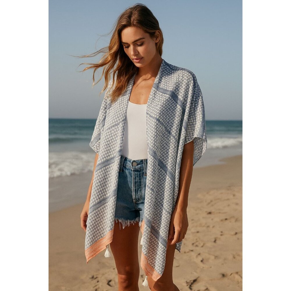 Do Everything In Love Ope Kimono Wrap OS Blue White Geometric Tassel Boho Summer